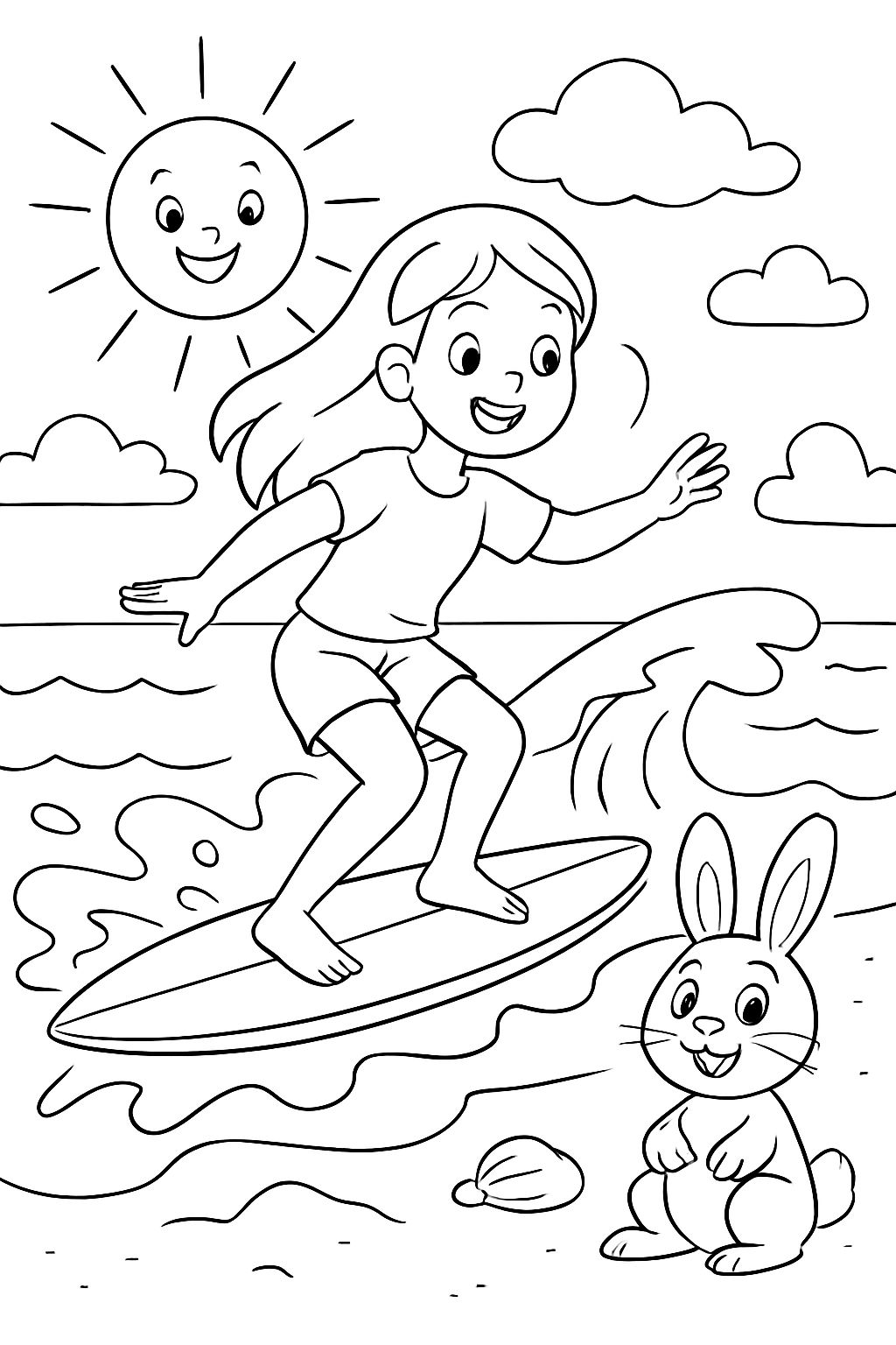 jeune fille surfant au soleil avec un lapin sur la plage.