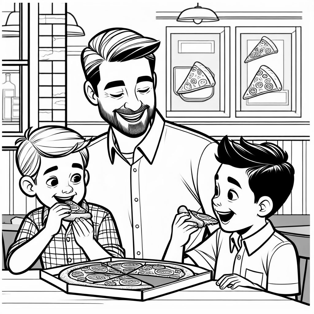 Um pai comendo uma fatia de pizza com seus dois filhos.