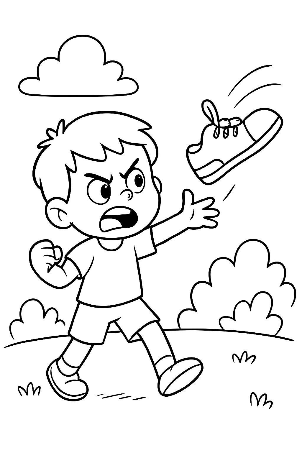 un garçon en colère lançant une chaussure de sport