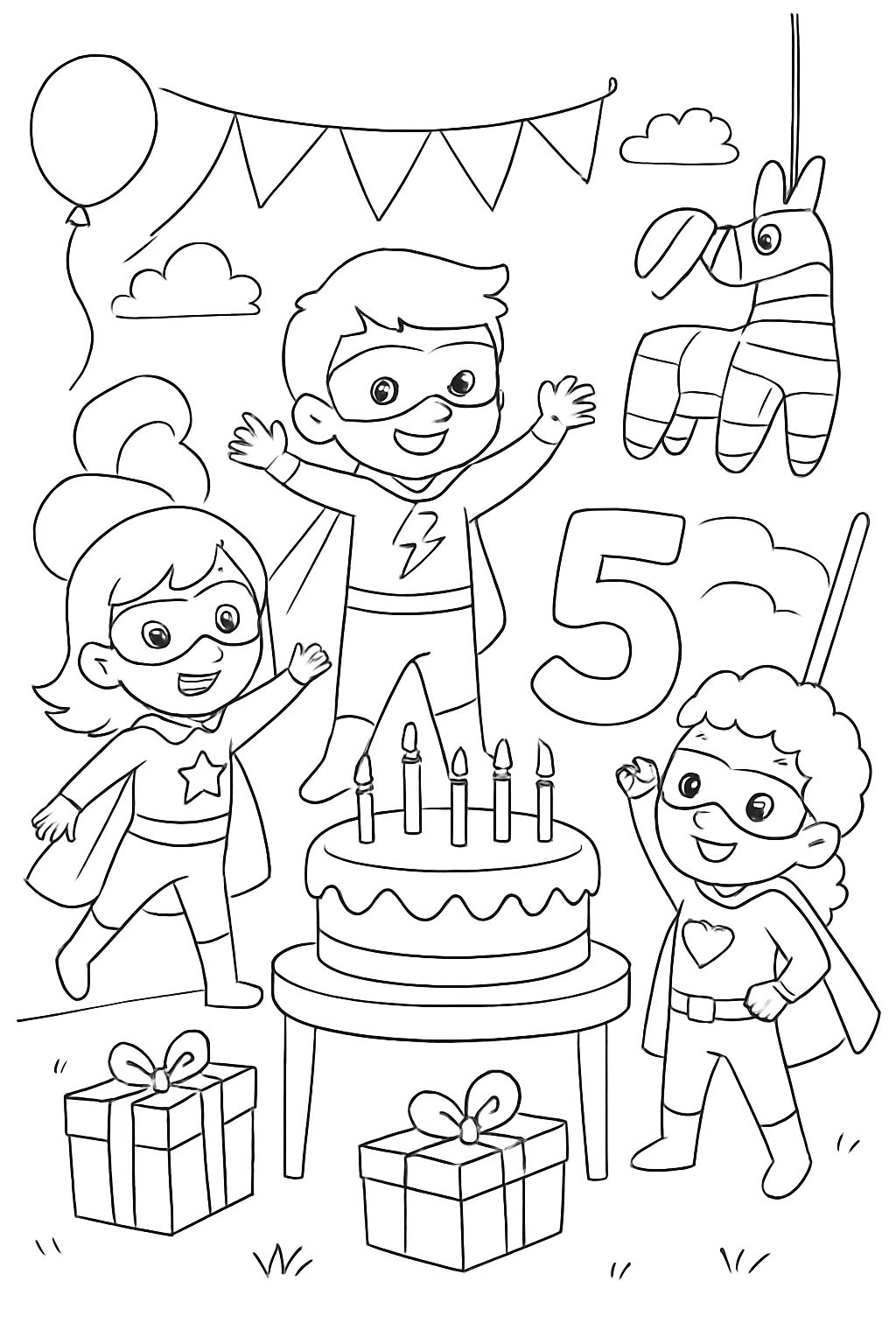 Los superhéroes están celebrando una fiesta de cumpleaños número 5 con juegos, pastel y diversión. Los superhéroes están celebrando una fiesta de cumpleaños número 5 con juegos, pastel y diversión.