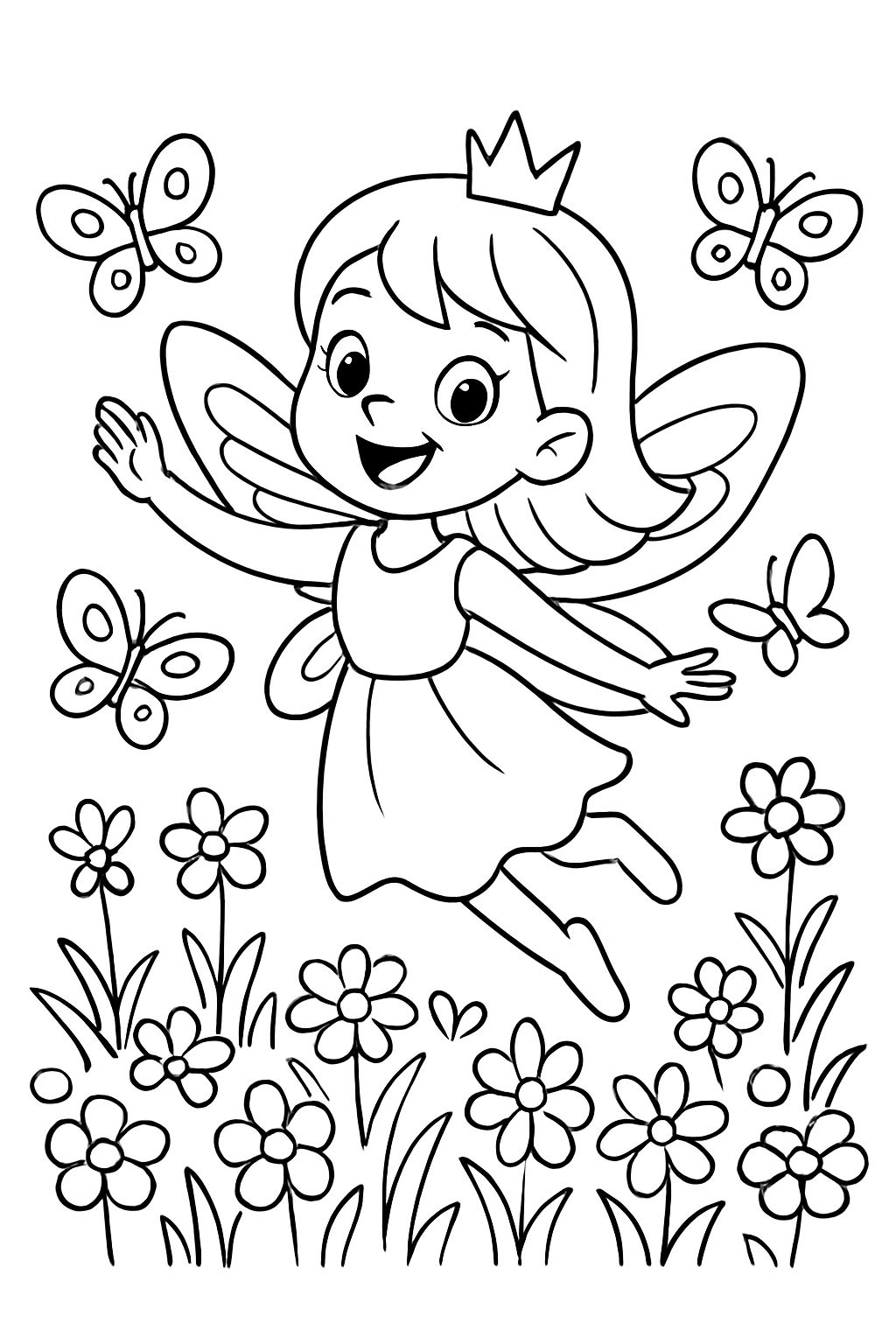a fairy flying through a field of flowers and butterflies
