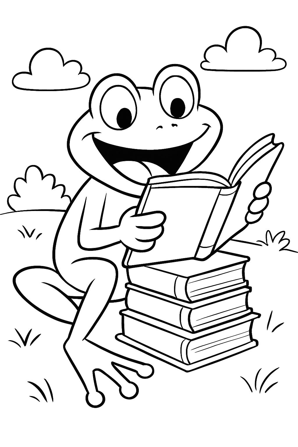 A frog reading a stack of books.