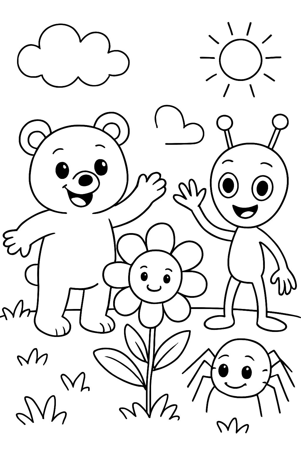 a bear cub, a little flower, a little alien and a spider together