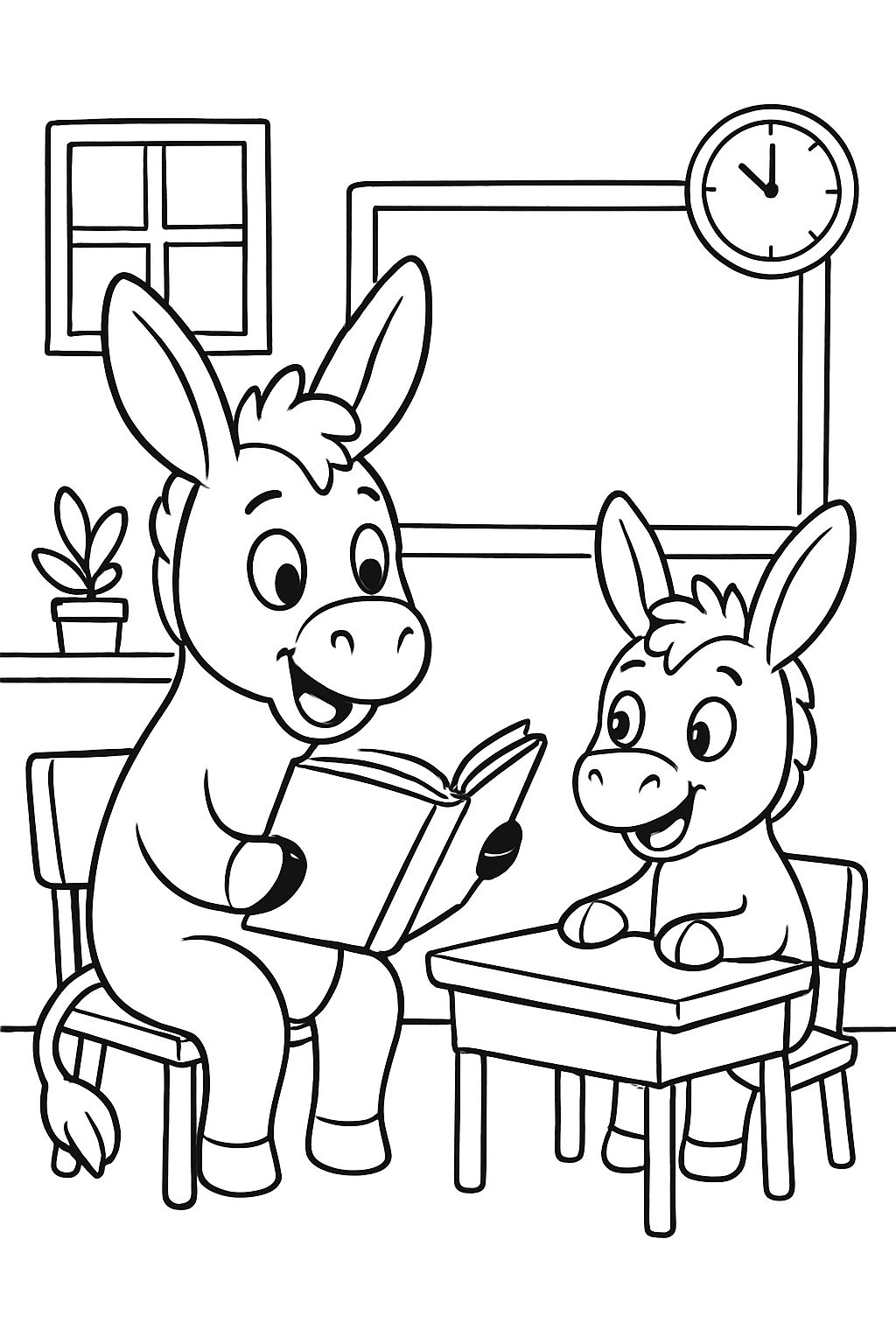 ein großes Eselkind, das einem kleinen Eselkind ein Buch vorliest in der Schule ein großes Eselkind, das einem kleinen Eselkind ein Buch vorliest in der Schule