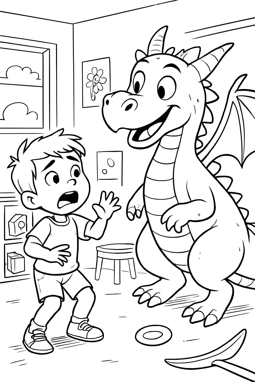 A child is afraid of a friendly dragon in kindergarten A child is afraid of a friendly dragon in kindergarten