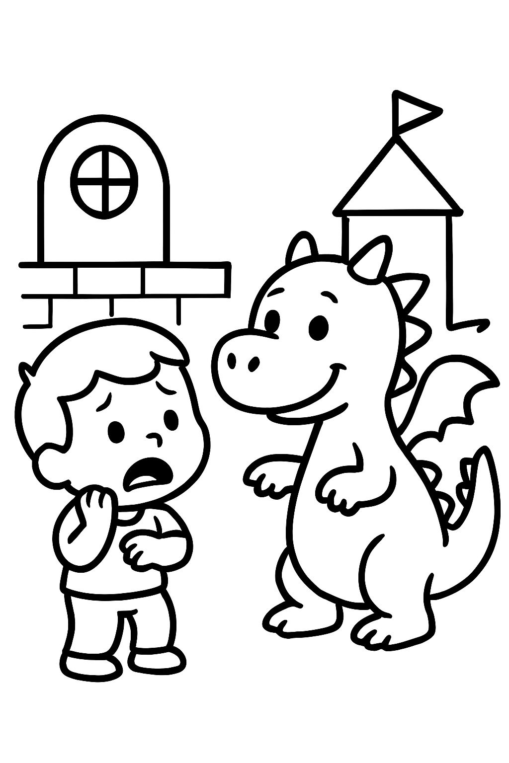 Un enfant a peur d'un dragon amical à la maternelle Un enfant a peur d'un dragon amical à la maternelle