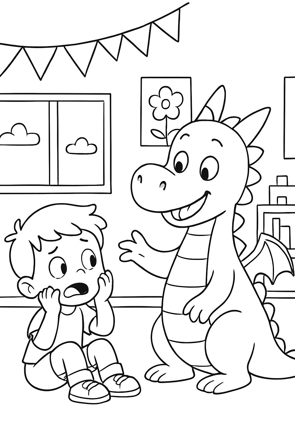 Un enfant a peur d'un dragon amical à la maternelle