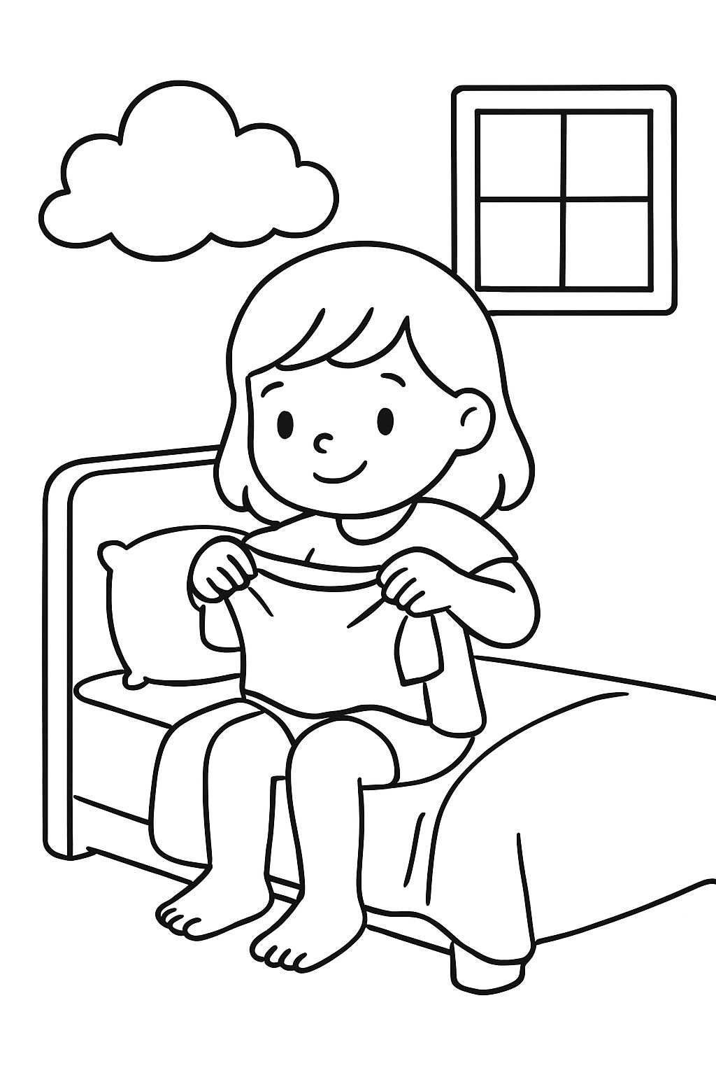 Une fille s'habillant assise sur le lit.