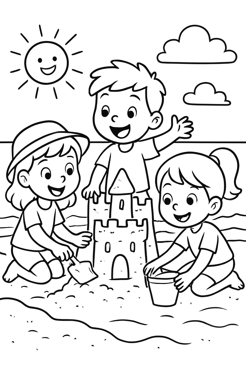 Des enfants construisent un château de sable sur la plage
