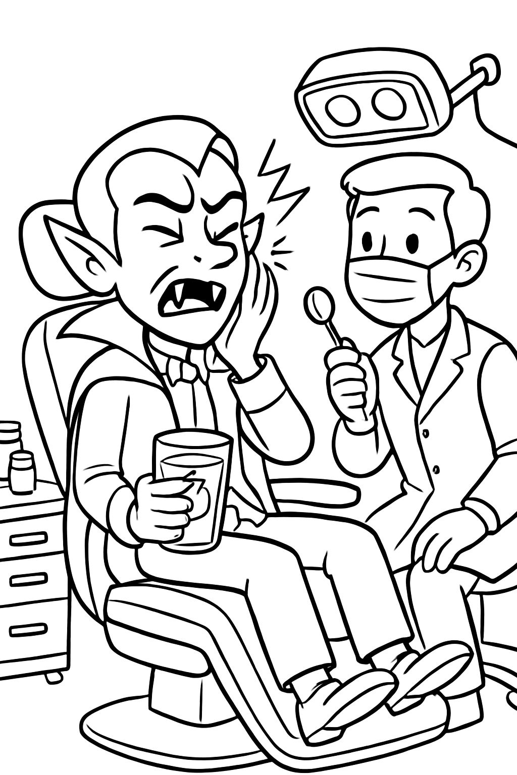 A vampire drinking tomato juice and having a toothache at the dentist