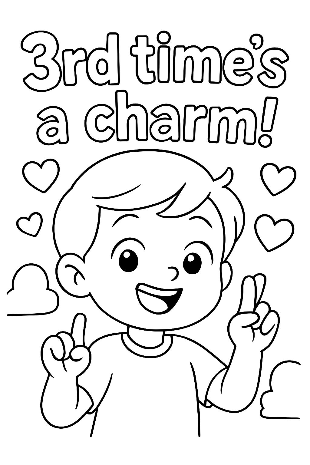 Write "3rd time's a charm!" with crossed fingers and hearts around it.