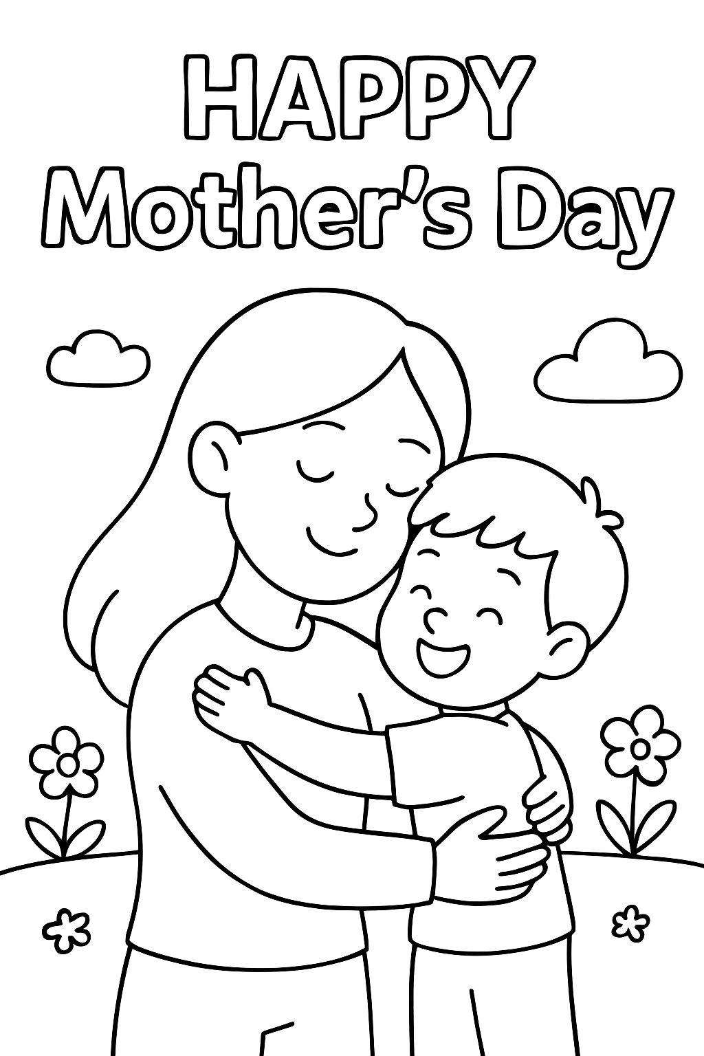Mother's Day text and 4-year-old son cuddling with mom (long straight hair) in spring