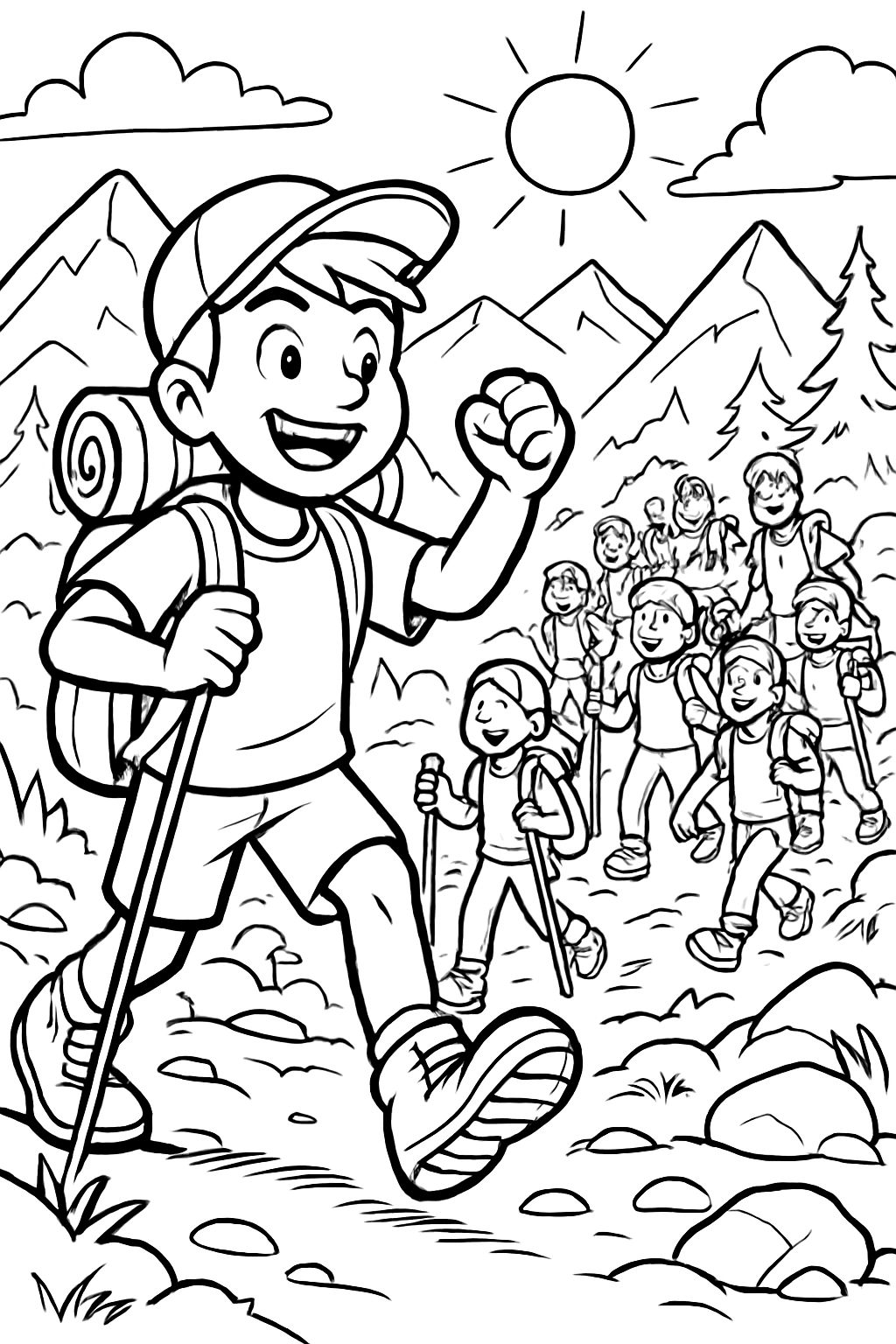 20 children hiking in the mountains