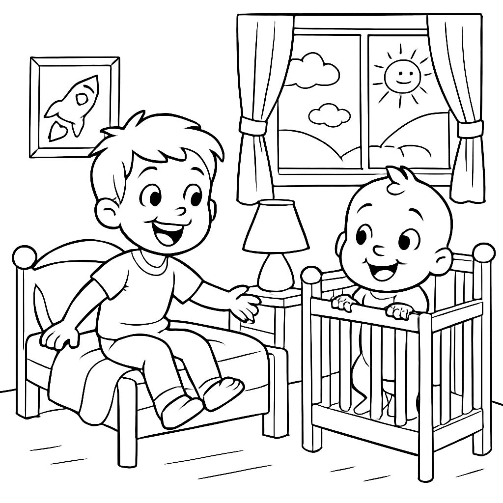 garçons dans la chambre, l'un dans un lit de petit enfant, l'autre dans un berceau. garçons dans la chambre, l'un dans un lit de petit enfant, l'autre dans un berceau.