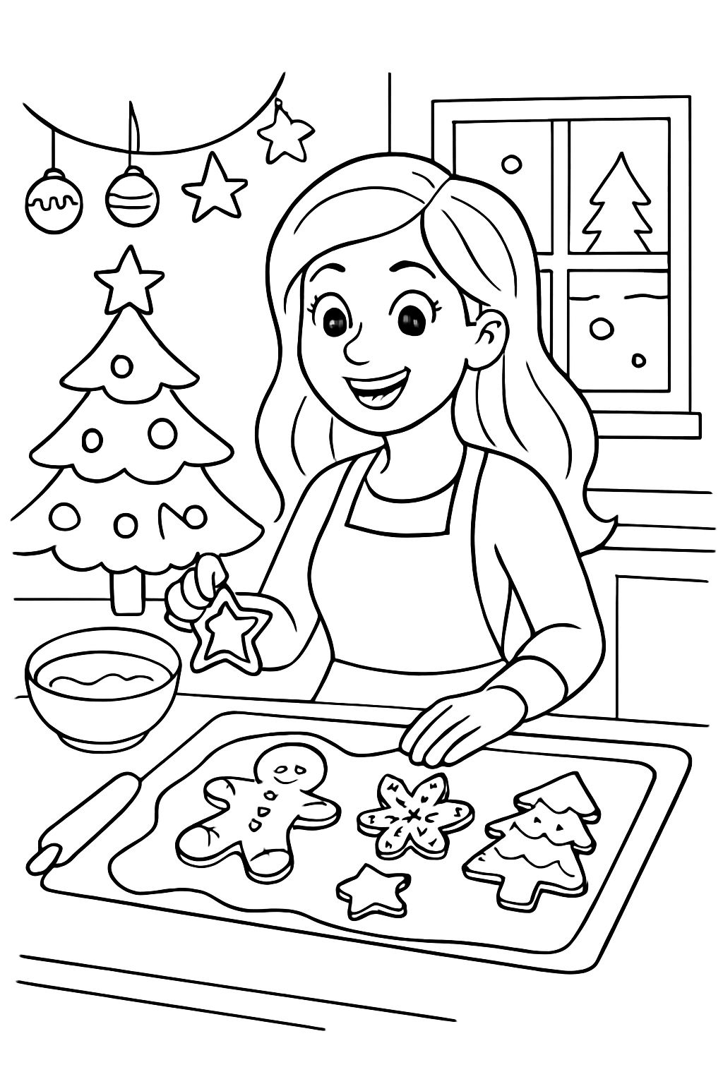 Mãe de 32 anos com cabelo longo fazendo biscoitos de Natal.