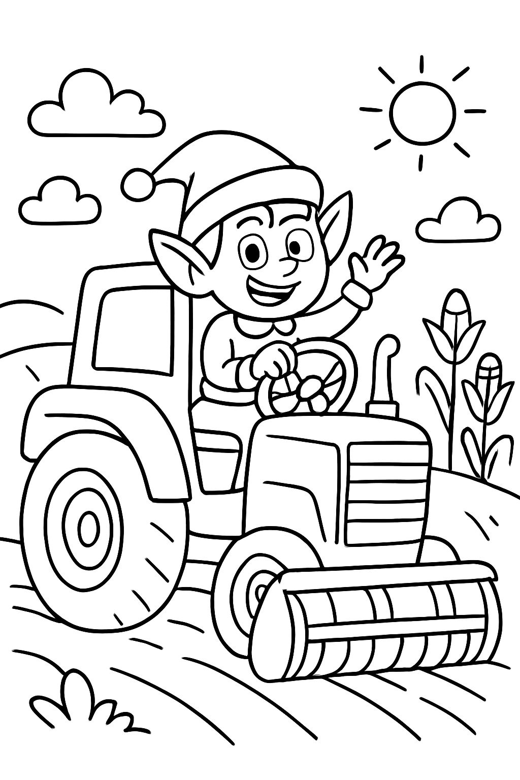 Un elfe conduisant un tracteur à moissons.