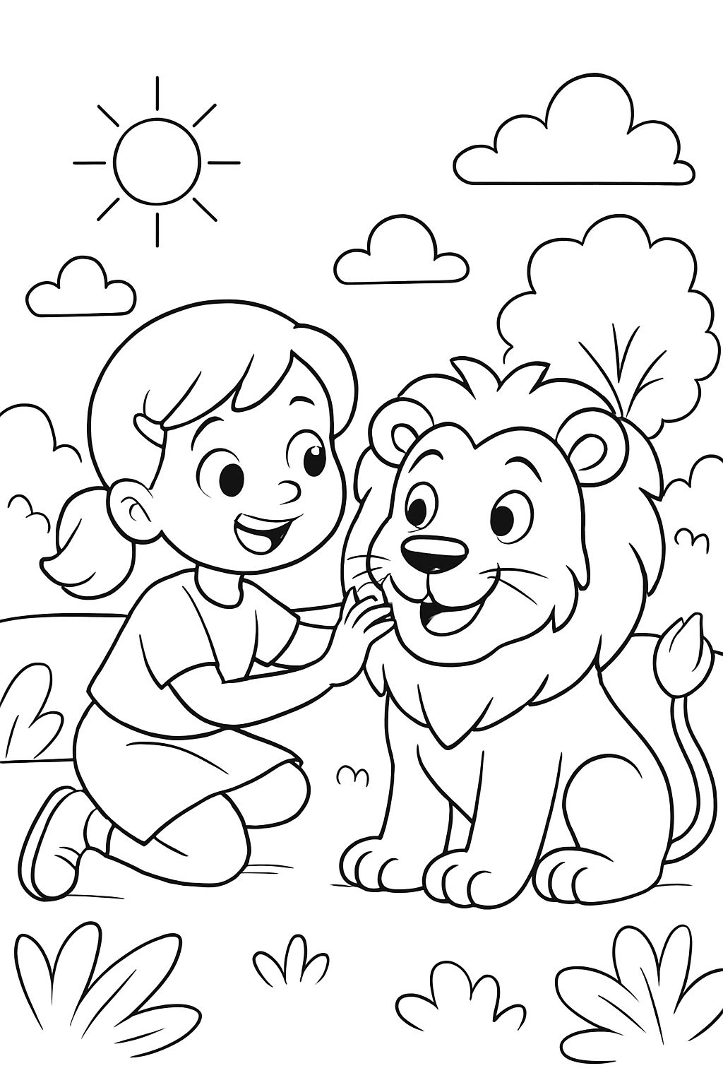 Mädchen das einen löwen streichelt