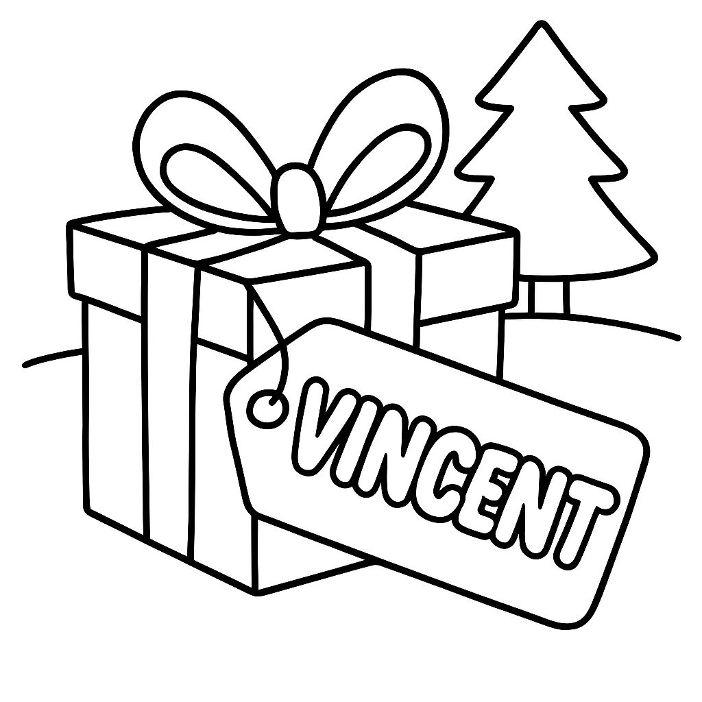 Vincent em letras em forma de bolha no etiqueta de um presente de Natal Vincent em letras em forma de bolha no etiqueta de um presente de Natal