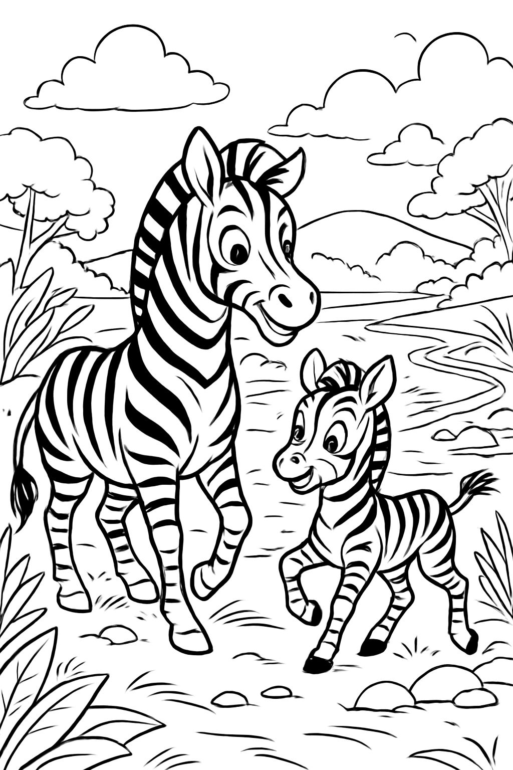 Eine Zebramama mit einem Zebrababy an einem Fluss