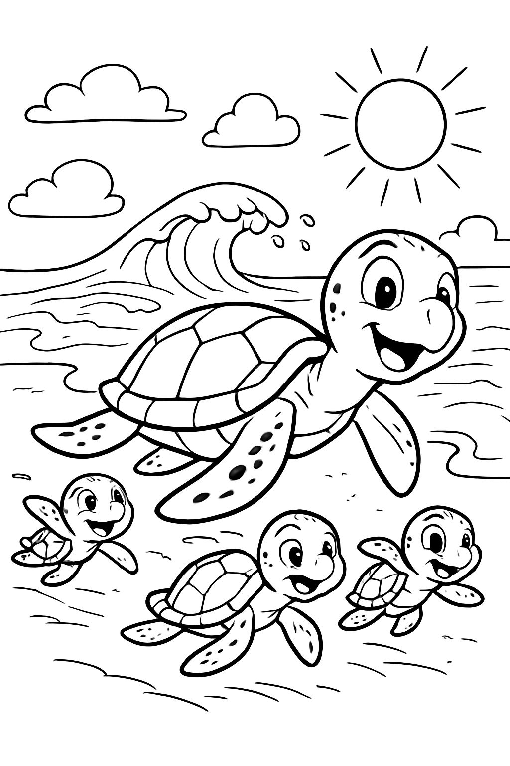 eine schildkrötenmama mit schildkrötenbabys die ins meer gehen