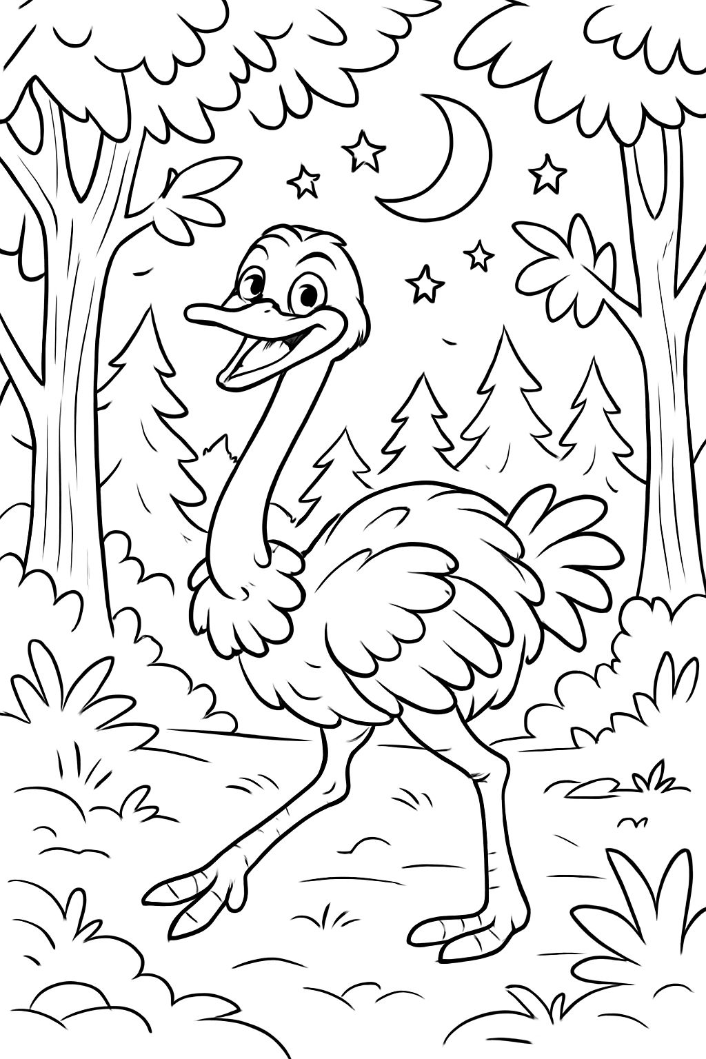 Vogelstrauß im Wald bei nacht