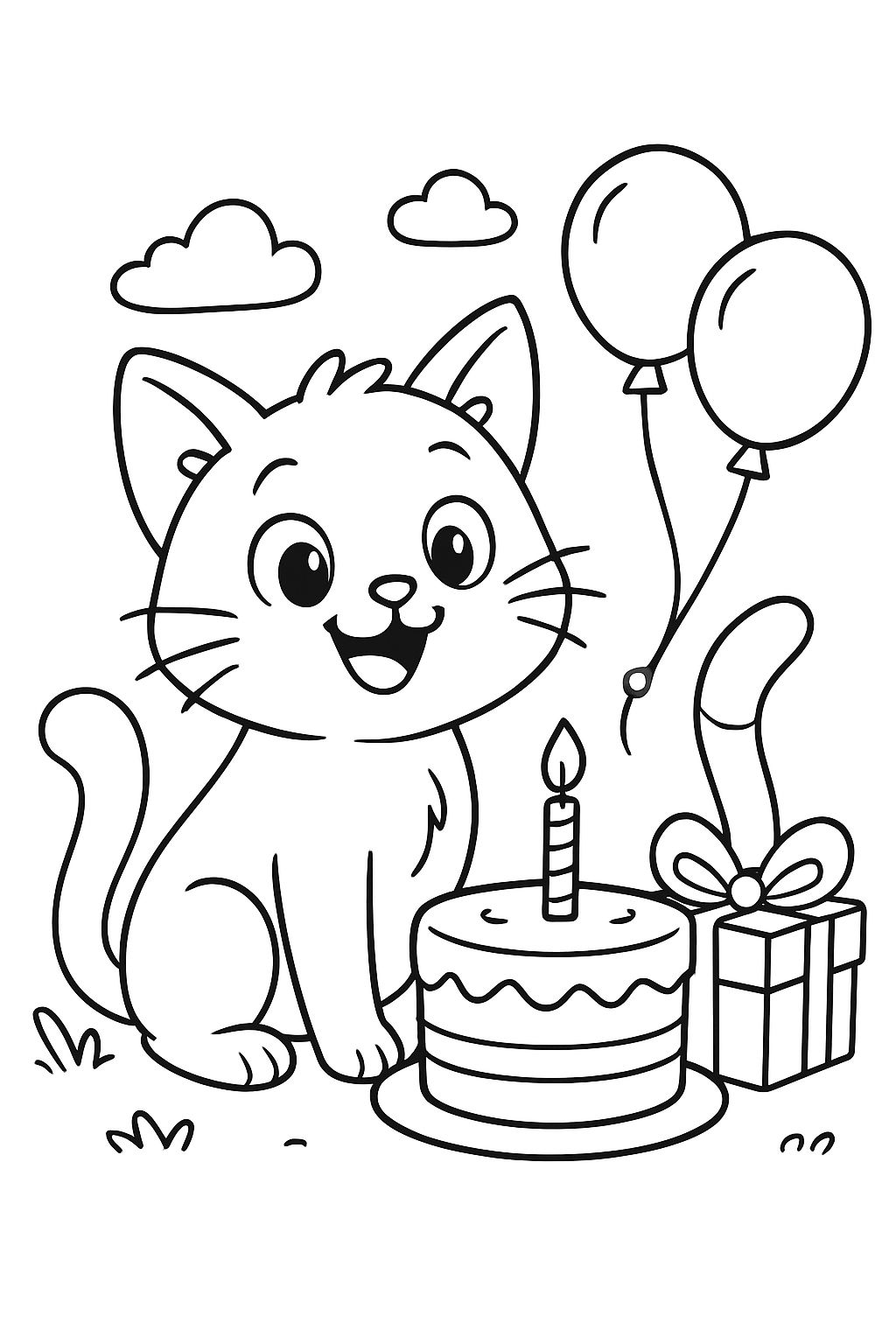 sitzende Katze mit Geburtstagstorte und Geschenk und Luftballonen