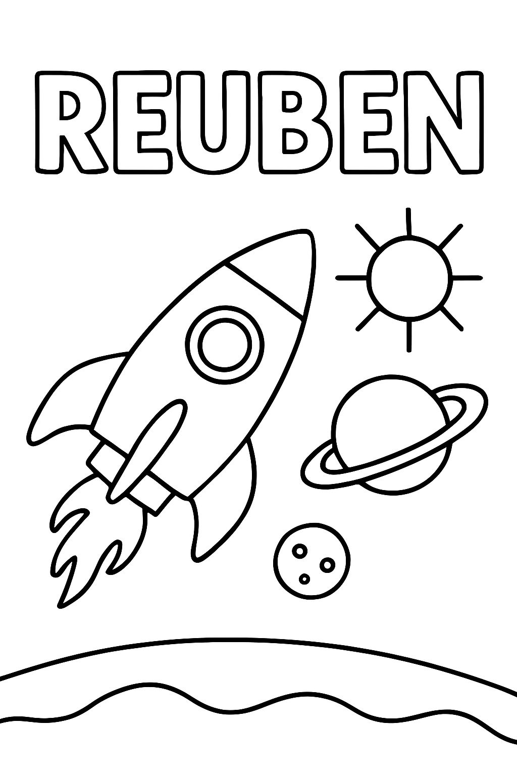 The name 'Reuben' with a rocket and the solar system