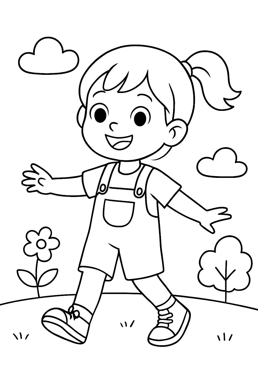 A little girl wearing a t-shirt, overalls, and sneakers.