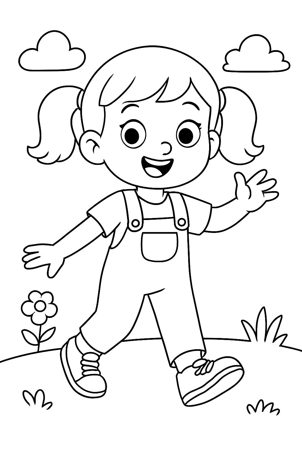 a little girl wearing a t-shirt, overalls, and sneakers