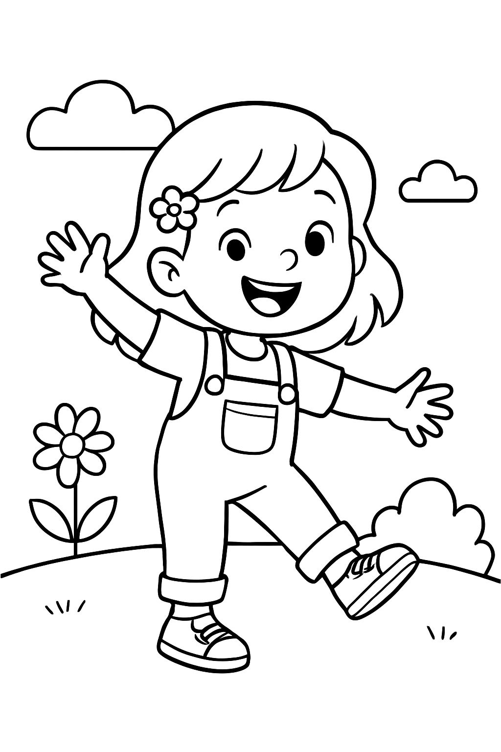 A little girl wearing a t-shirt, overalls, and sneakers.