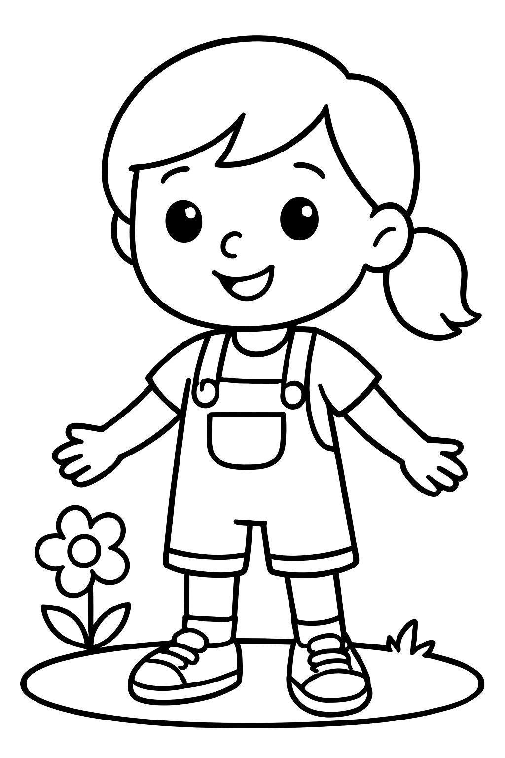 a little girl wearing a t-shirt, overalls, and sneakers
