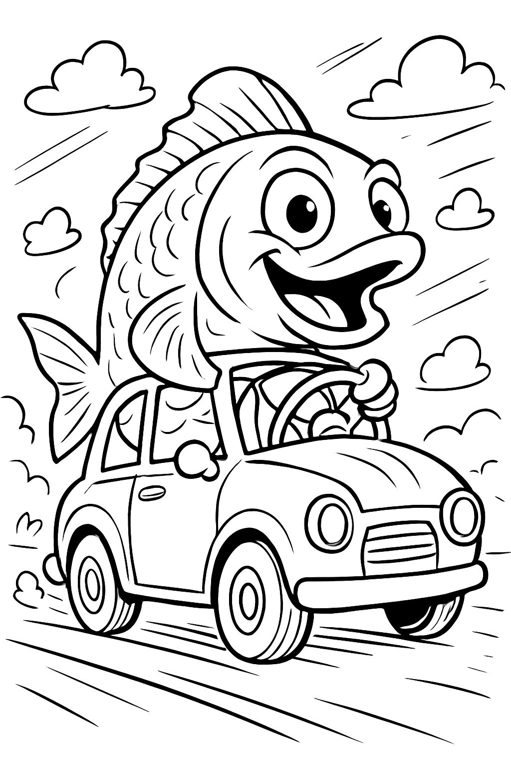 a giant fish driving a car