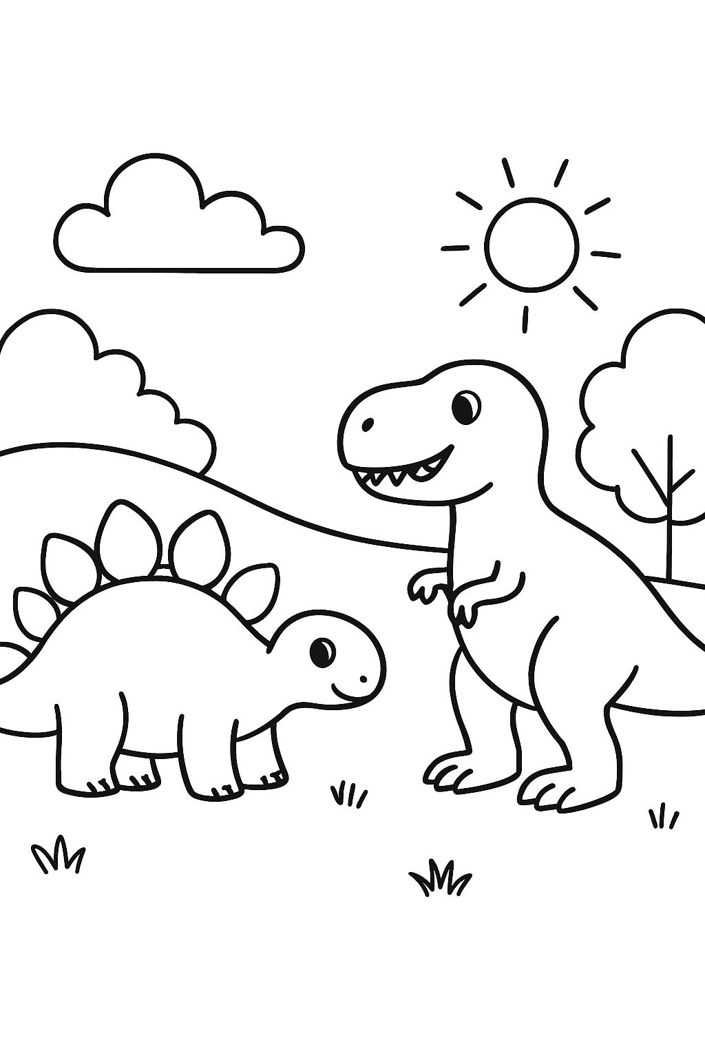 A stegosaurus and a T-Rex in a field