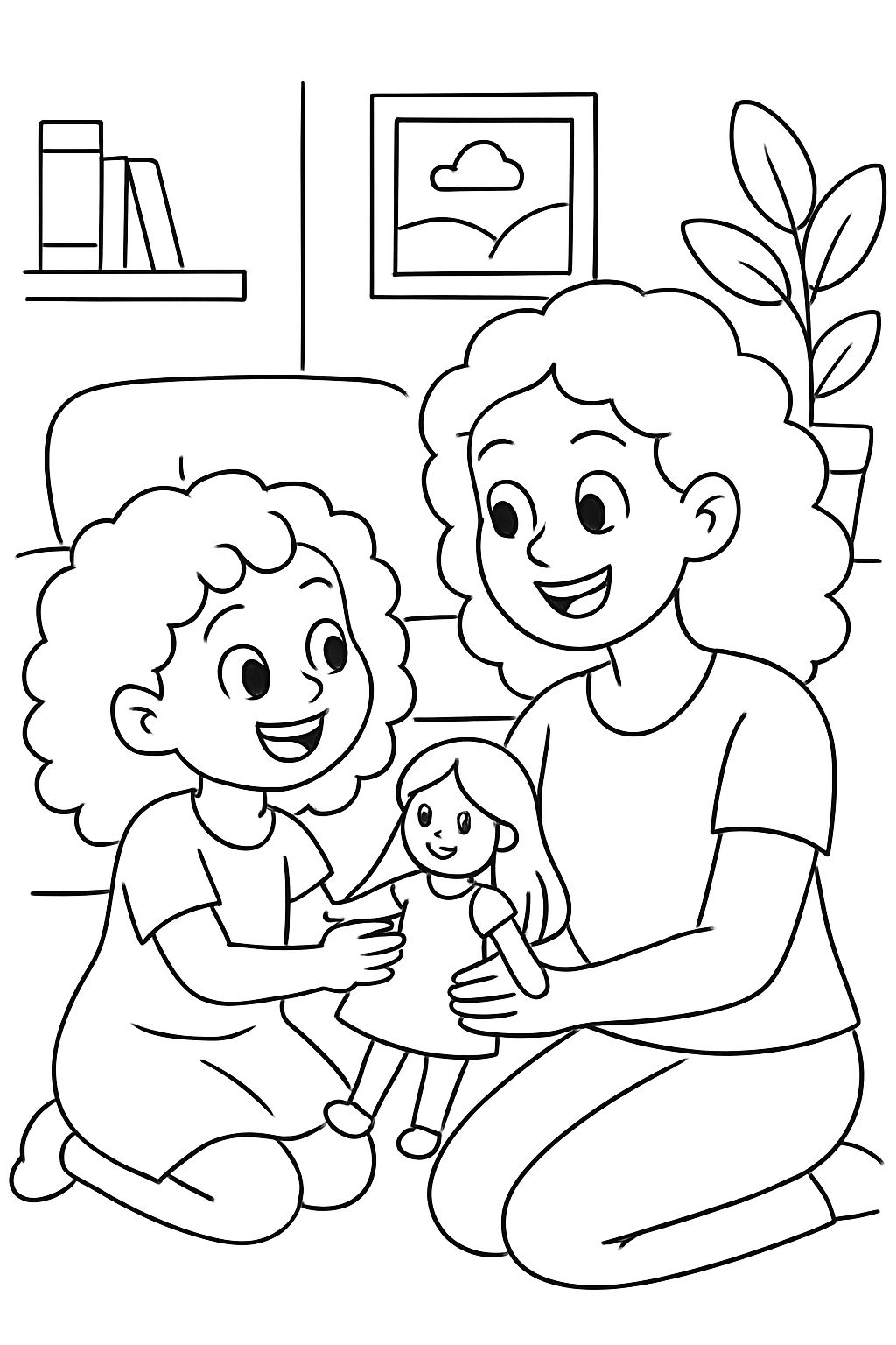 Curly-haired girl playing doll with her mom