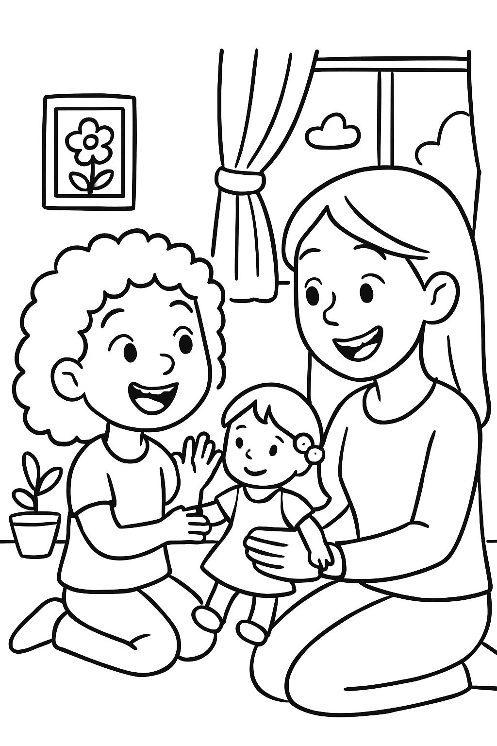 Niña de cabello rizado jugando con su mamá de cabello liso y una muñeca Niña de cabello rizado jugando con su mamá de cabello liso y una muñeca