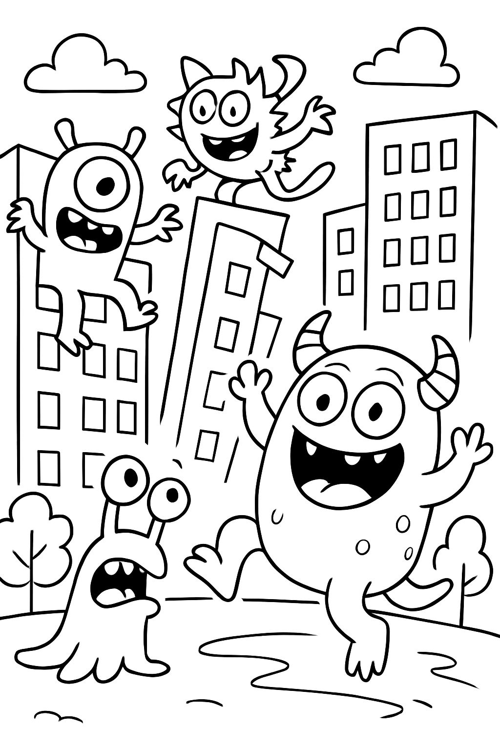 vier lustige, spielerische Monster, schwarz-weiß, konturierte Zeichnung, sehr einfache Zeichnung, Malbuch für Kinder, keine grauen Schatten, weißer Hintergrund, zum Ausmalen, nur Umrisse, Monster im Freien oder in der Stadt, ((breite Palette an Monstern, die menschliche Dinge machen)), ((mehrere Monster-Stile, die Gebäude brechen und klettern: 5)): 1:1, ((eine einfache Szenerie))