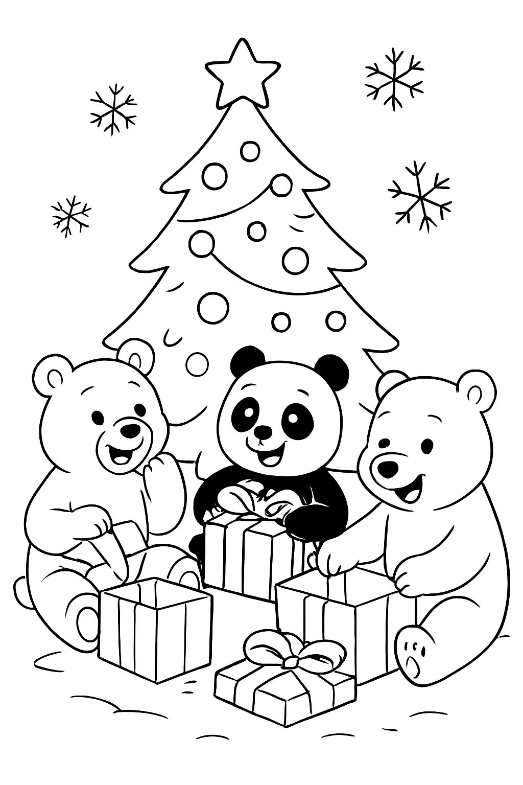 A Christmas tree and a bear and a panda and a polar bear opening presents. A Christmas tree and a bear and a panda and a polar bear opening presents.