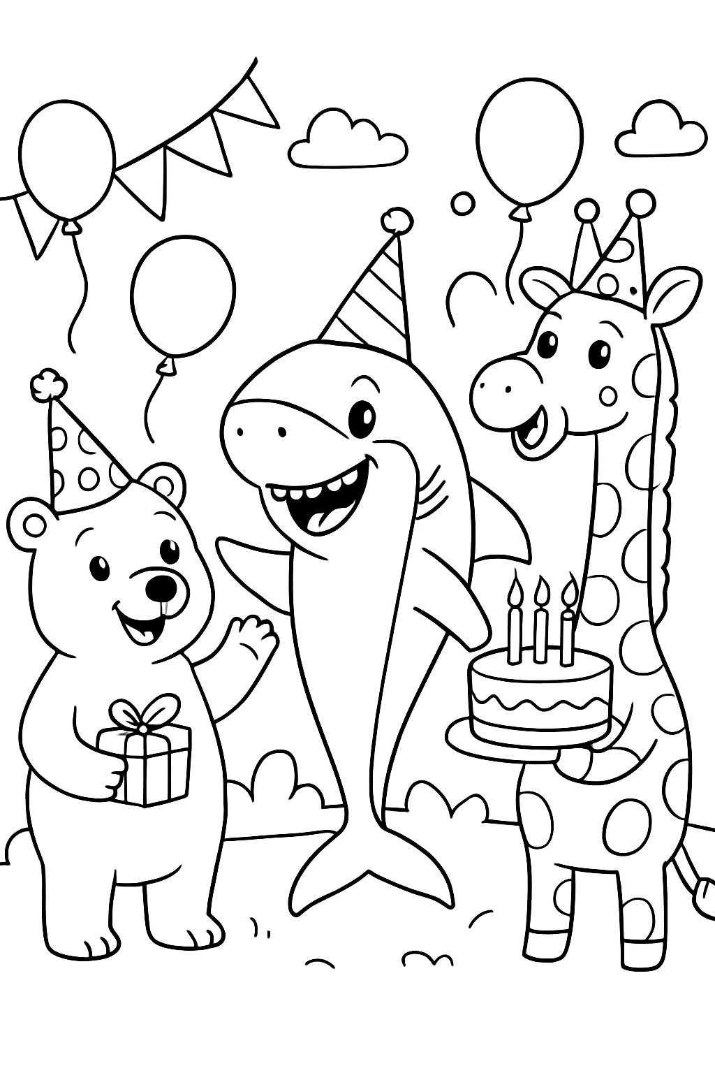 Un oso polar, un tiburón y una jirafa celebrando una fiesta de cumpleaños. Un oso polar, un tiburón y una jirafa celebrando una fiesta de cumpleaños.