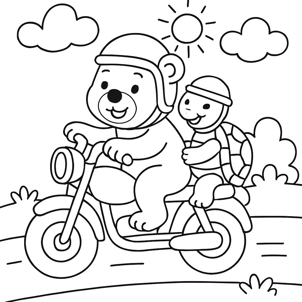 Uma tartaruga e um urso andando de motocicleta. Uma tartaruga e um urso andando de motocicleta.