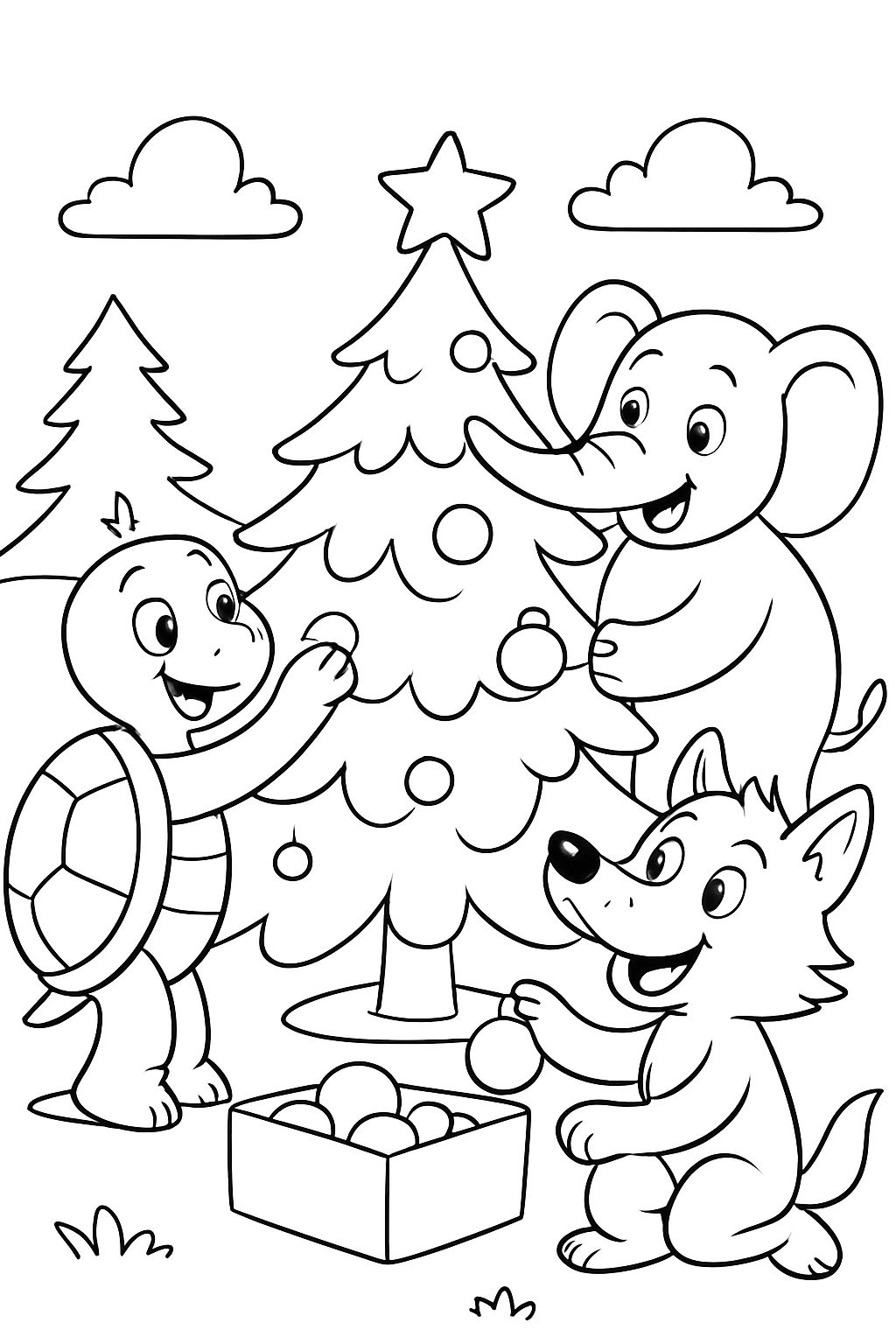 Una tortuga, un elefante y un lobo decorando un árbol de Navidad.