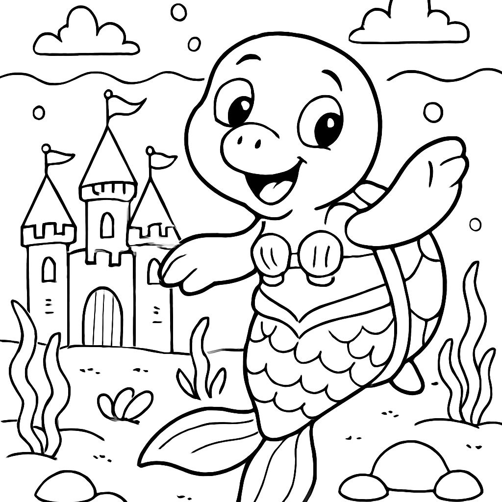 Uma tartaruga sereia ao lado de um castelo Uma tartaruga sereia ao lado de um castelo