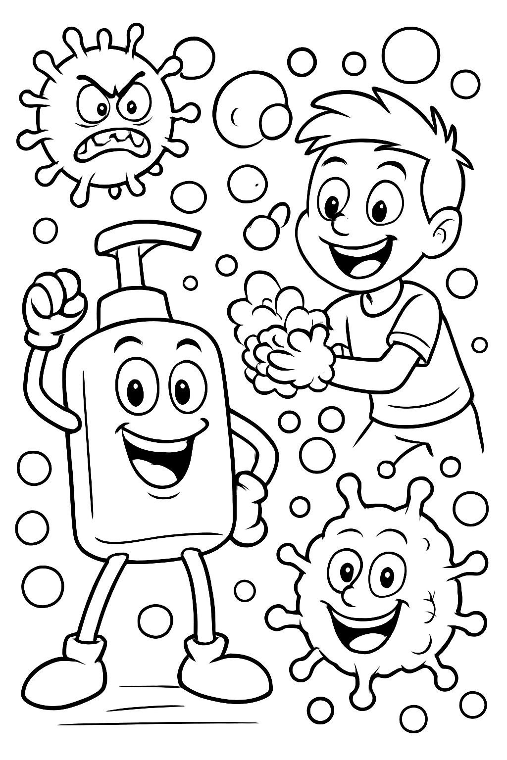 Silly, cartoony germs versus happy soap bubbles and handwashing heroes
