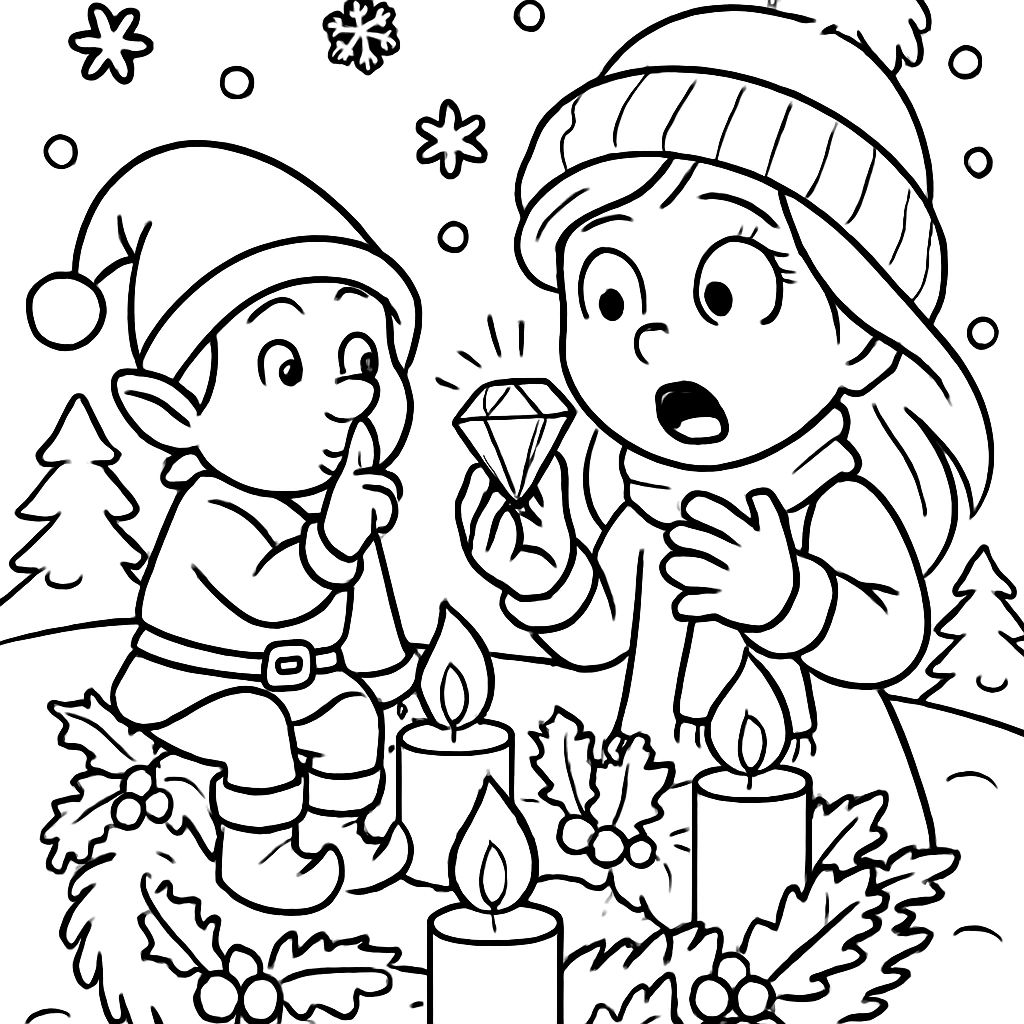 Un gnome d'hiver est assis sur une couronne de l'Avent et chuchote. Une fille a l'air effrayée et tient un diamant dans sa main. Un gnome d'hiver est assis sur une couronne de l'Avent et chuchote. Une fille a l'air effrayée et tient un diamant dans sa main.