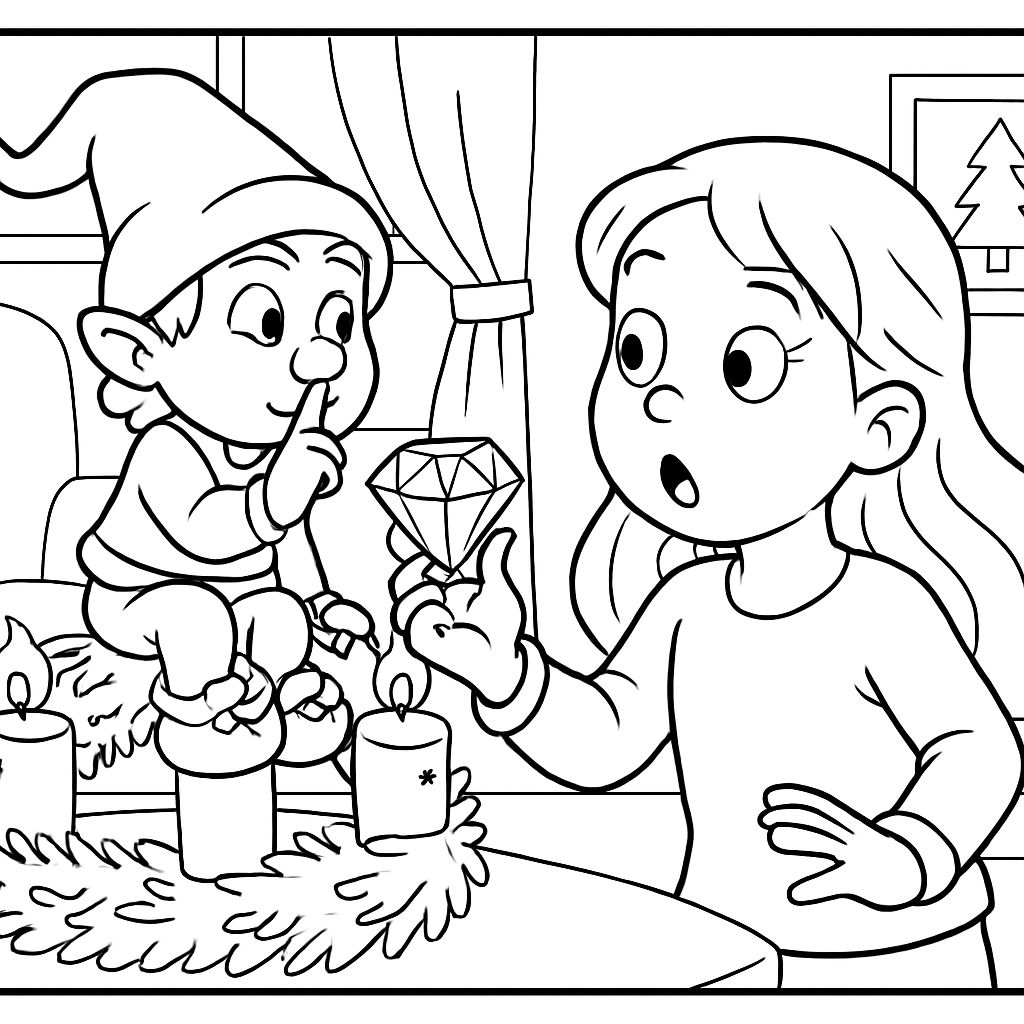 Un lutin est assis sur une couronne de l'Avent et chuchote. Une fille regarde avec étonnement. Tient un diamant dans la main. Dans le salon Un lutin est assis sur une couronne de l'Avent et chuchote. Une fille regarde avec étonnement. Tient un diamant dans la main. Dans le salon