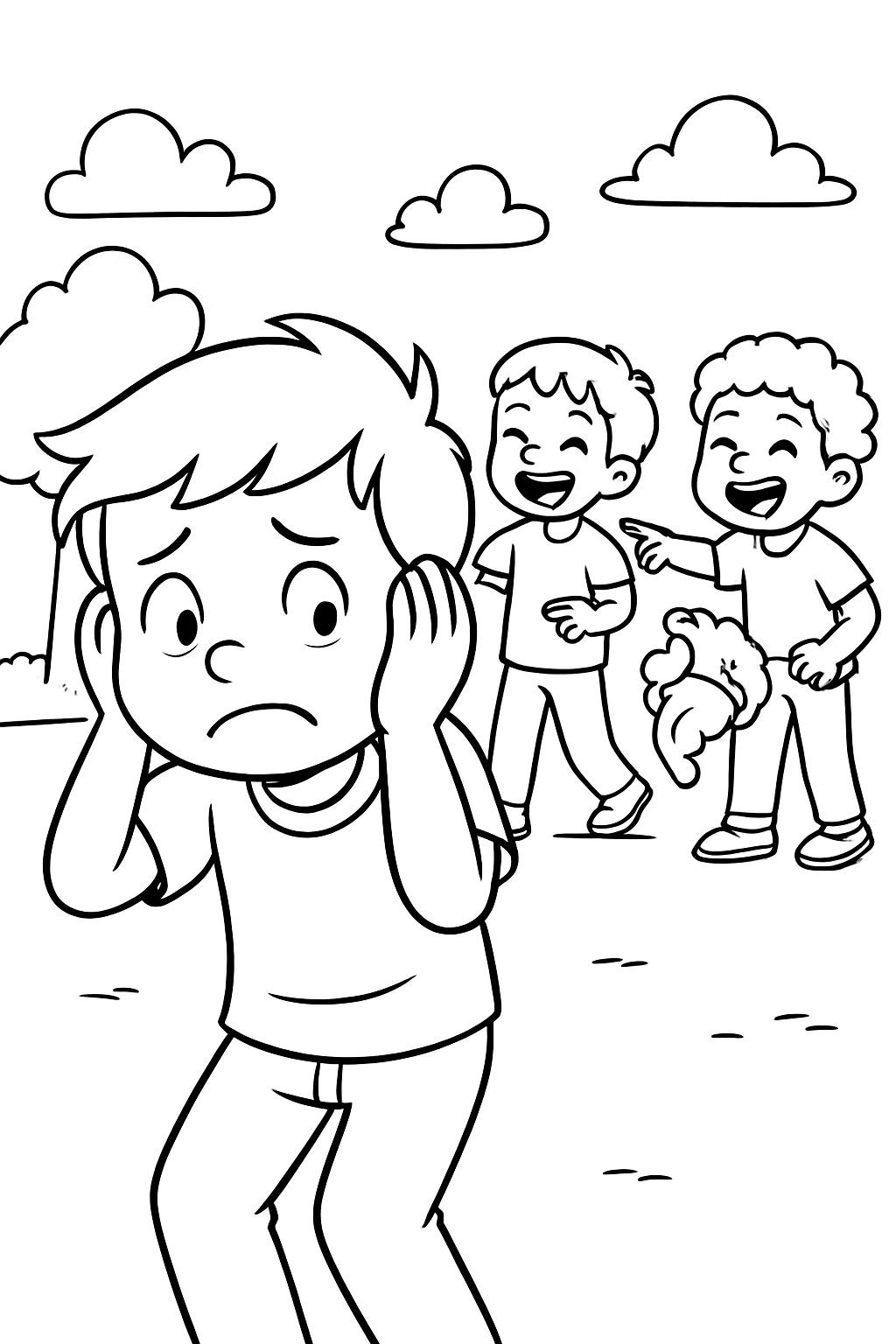 Criança com medo de zombarias ou que alguém queira bater nele. Criança com medo de zombarias ou que alguém queira bater nele.