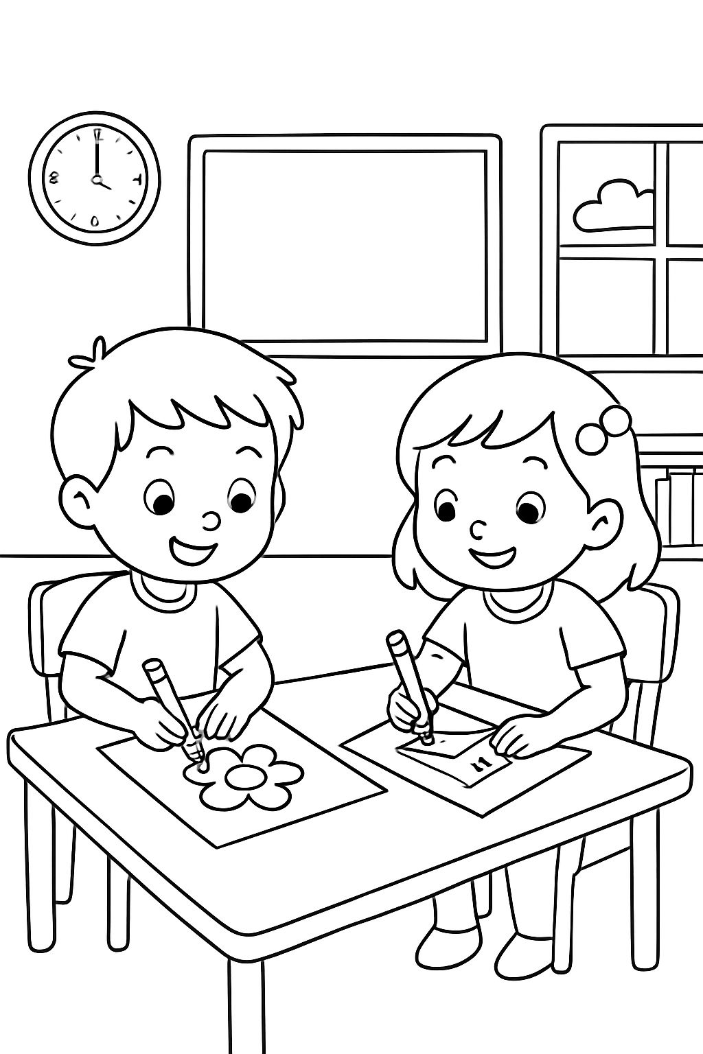 enfants peignant avec des crayons à l'école