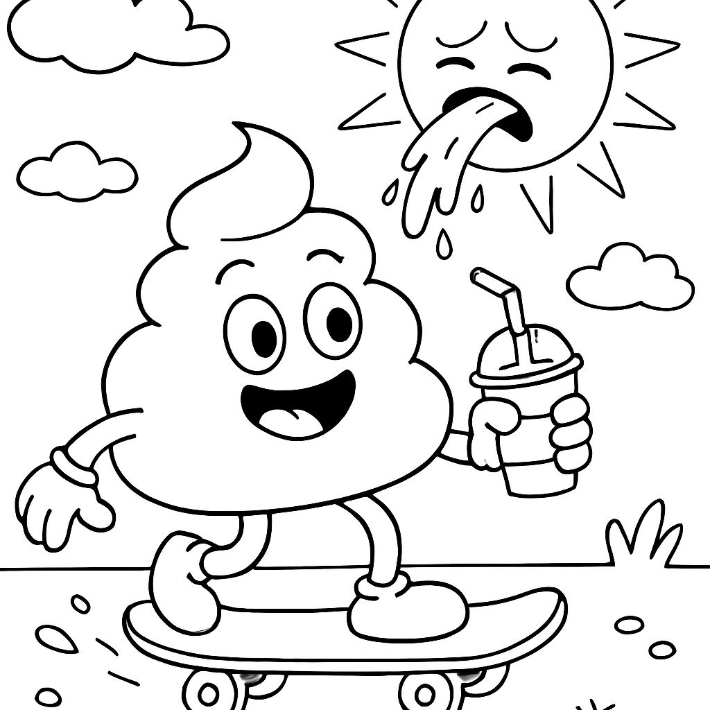 a pee poop sausage on a skateboard with a shake in hand. there is also a vomiting sun. a pee poop sausage on a skateboard with a shake in hand. there is also a vomiting sun.