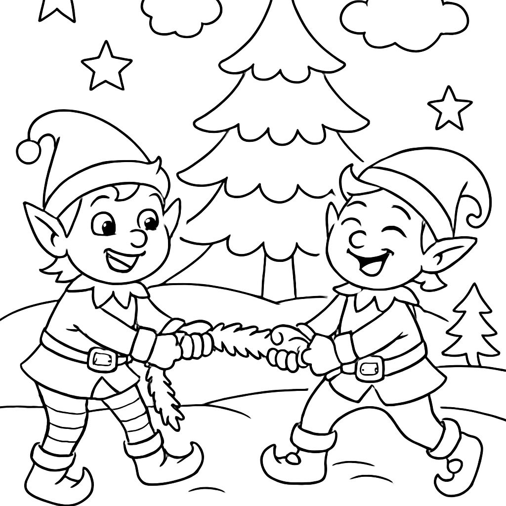 elves playing tug of war with tinsel elves playing tug of war with tinsel