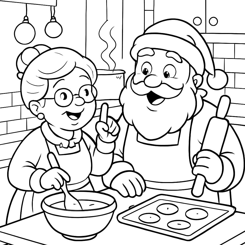 A senhora Claus dando aulas de culinária ao Papai Noel. A senhora Claus dando aulas de culinária ao Papai Noel.