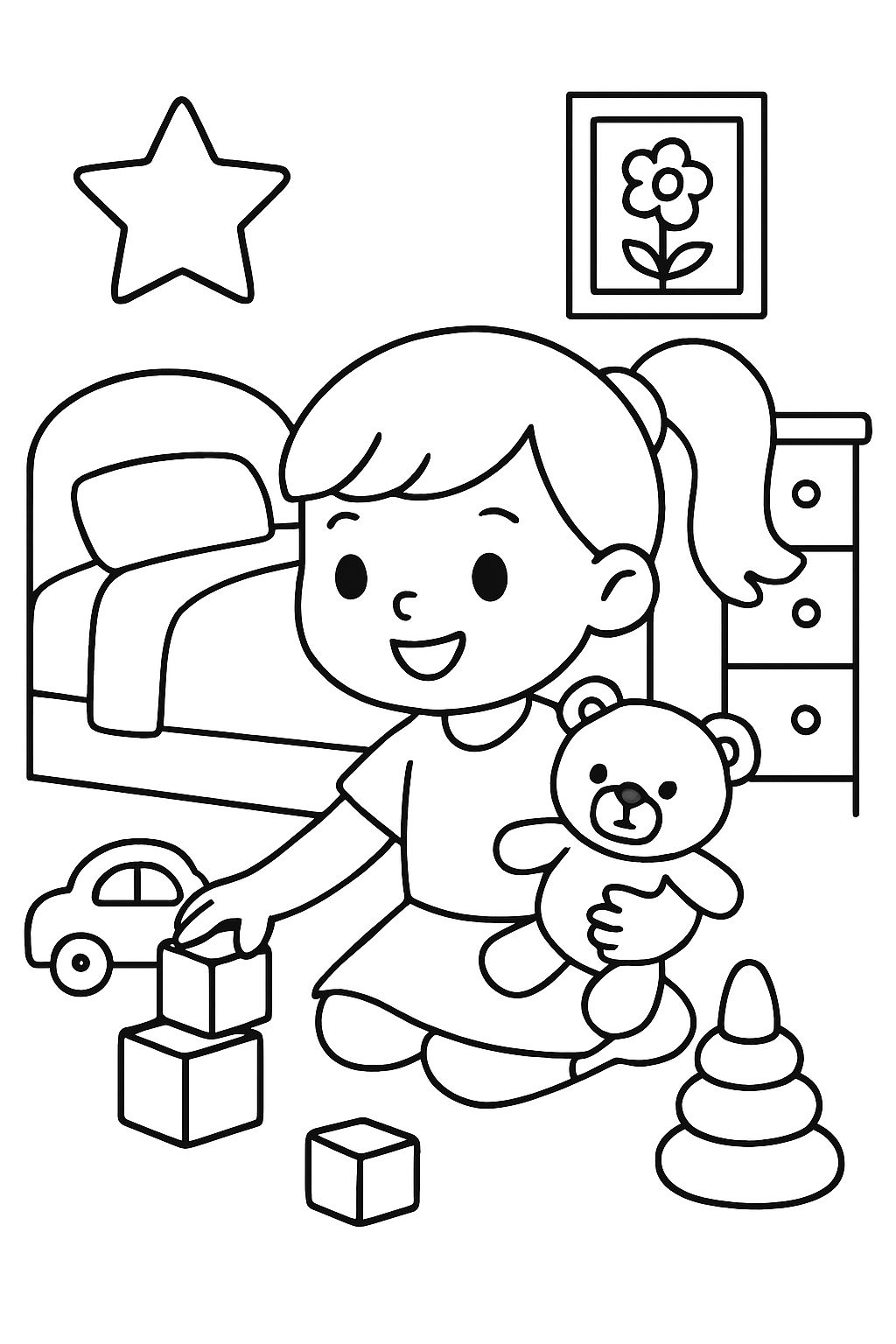 Uma menina brincando com brinquedos em seu quarto Uma menina brincando com brinquedos em seu quarto